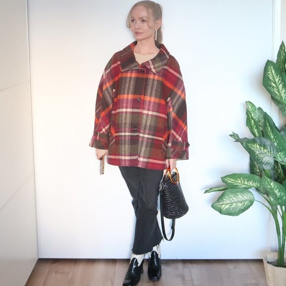 Talbots Multicolor Orange, Burgundy & Brown Wool Plaid Coat Size 16w - Picture 8 of 16